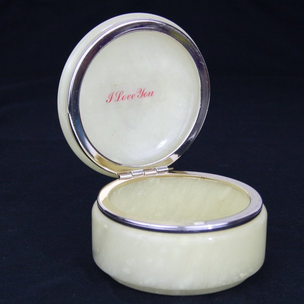 Vintage 50's Italian Alabaster Round Jewelry Trinket Case - Forever Yours